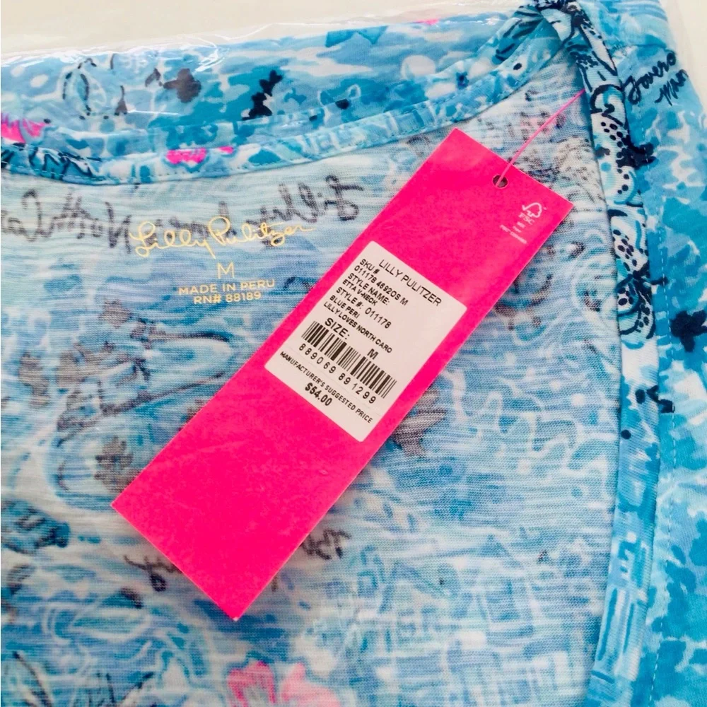 Lilly Pulitzer Etta V-Neck Top-Lilly loves North Carolina Blue Peri NWT In Pack - Picture 8 of 9